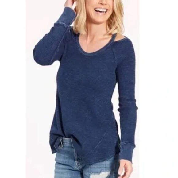 PEYTON JENSEN EVEREVE Griggs Cutout Thermal Blue Cold Shoulder Long Sleeve Top S - Picture 1 of 11